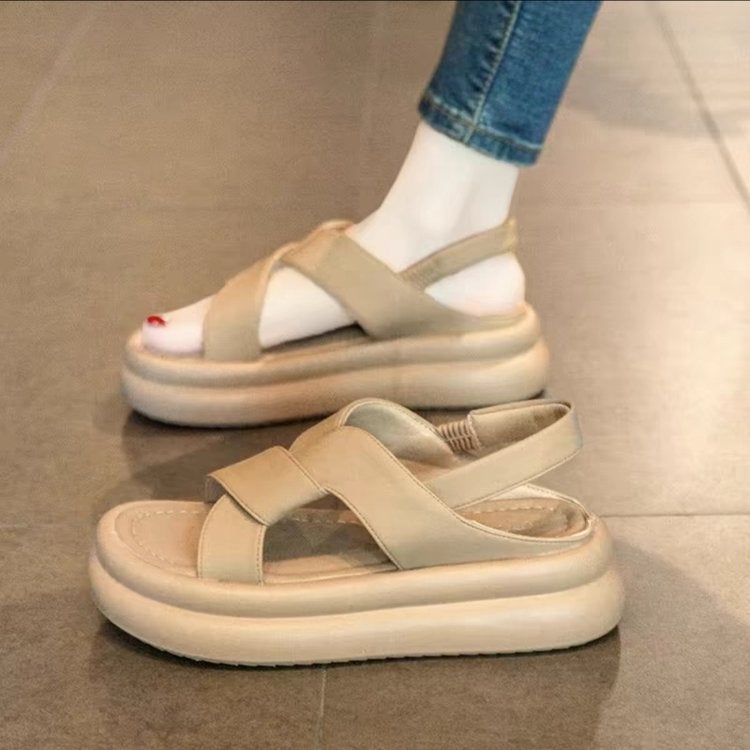 Internet-famous Hot Sandals Womens 2025 Summer New Arrival Elasiac Casual All-match Thick-soled Sandals Womens Beach Shoes Black - Image 5