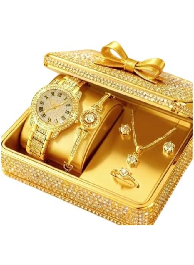 My Souq Women's Watch Set with Necklace, Earrings, Ring & Bracelet - Complete Accessories Set - Gold Tone - Image 1