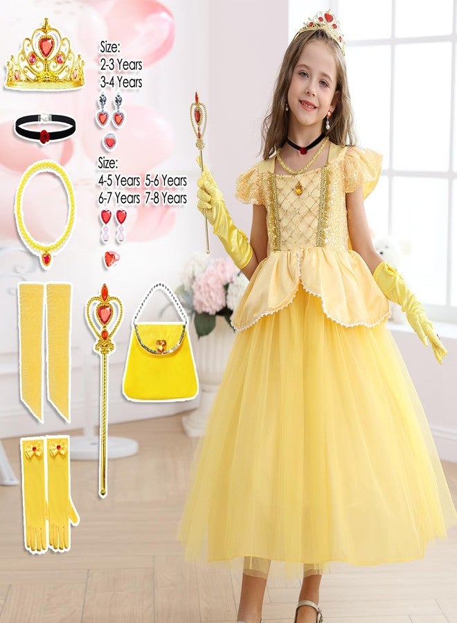 Luzlen Belle Costume for Girls Yellow Princess Dress up Halloween Birthday Party Cosplay Outfits with Accessories Yellow, 5-6Y(Tag 130) - Image 4