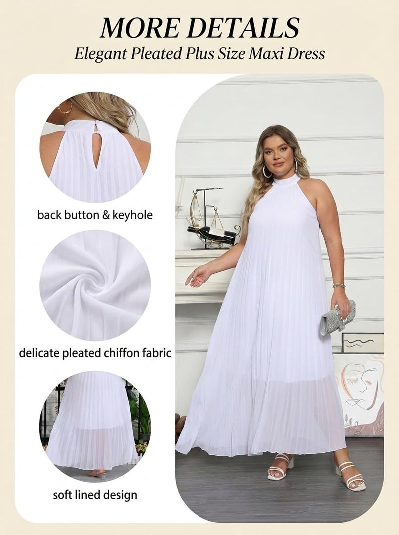 Aro Lora Womens Casual Sleeveless Plus Size Chiffon Halter Neck Pleated Loose Long Maxi Dress X-Large White - Image 5