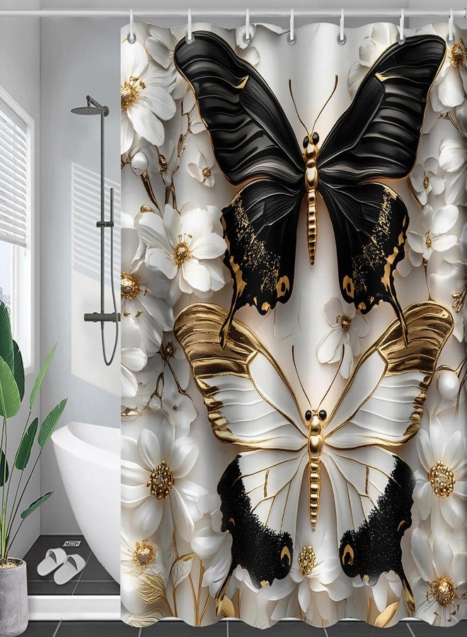 AILONEN Black and White Butterfly Shower Curtain for Bathroom,Gold Flower Butterfly Waterproof Bath Curtain 72" W x 72" H for Kids Girls Women - Image 4