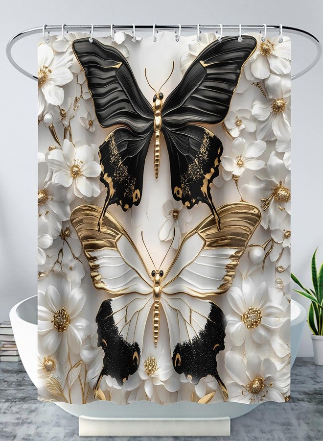 AILONEN Black and White Butterfly Shower Curtain for Bathroom,Gold Flower Butterfly Waterproof Bath Curtain 72" W x 72" H for Kids Girls Women - Image 1