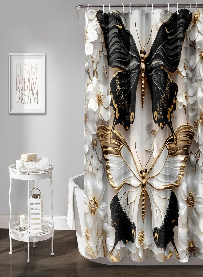 AILONEN Black and White Butterfly Shower Curtain for Bathroom,Gold Flower Butterfly Waterproof Bath Curtain 72" W x 72" H for Kids Girls Women - Image 2