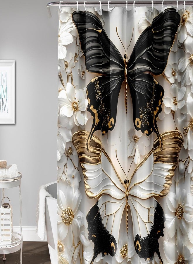 AILONEN Black and White Butterfly Shower Curtain for Bathroom,Gold Flower Butterfly Waterproof Bath Curtain 72" W x 72" H for Kids Girls Women - Image 3