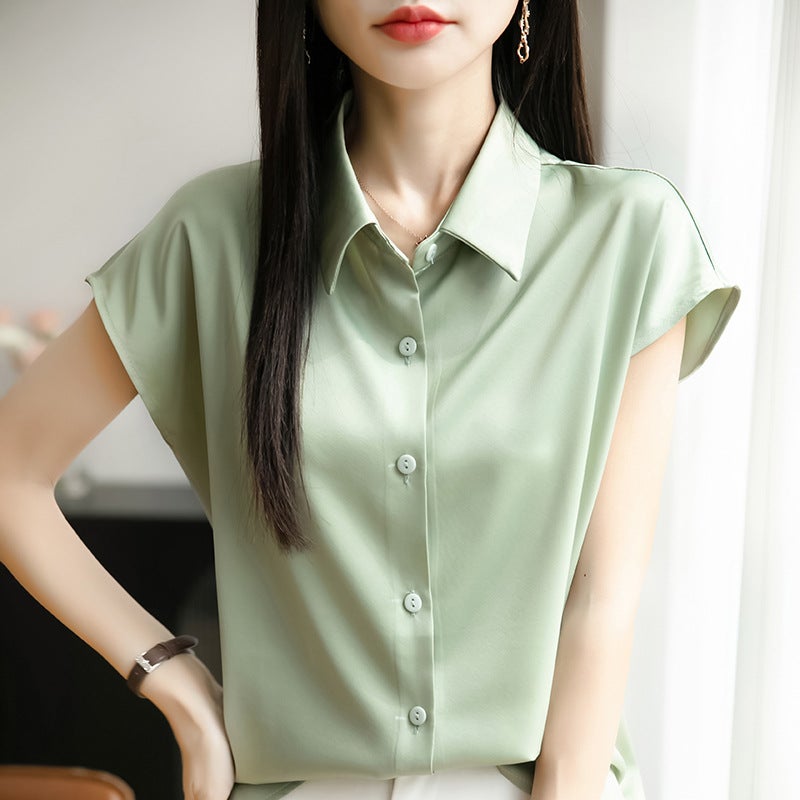 Silk Satin 25 Spring And Women'S Polo Collar Short Fashion T-Shirt Thin Base Shirt Age-Reducing Short Sleeve - Image 1