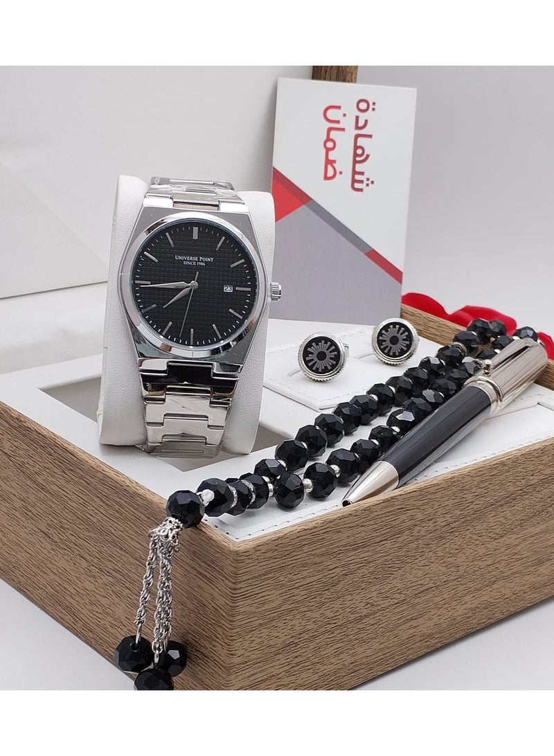 Men's set  consisting of four pieces: a watch, a pen, cufflinks, and a rosary.