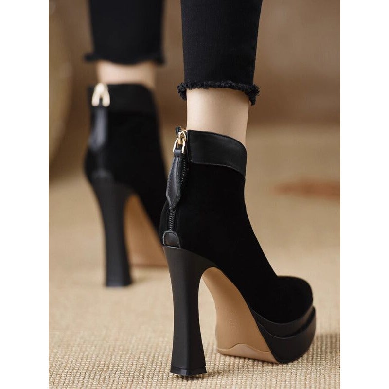 Pointed Comfortable Thin Heel High Heel Boots Waterproof Platform Back Zipper Black Fashion Boots For Women - Image 4