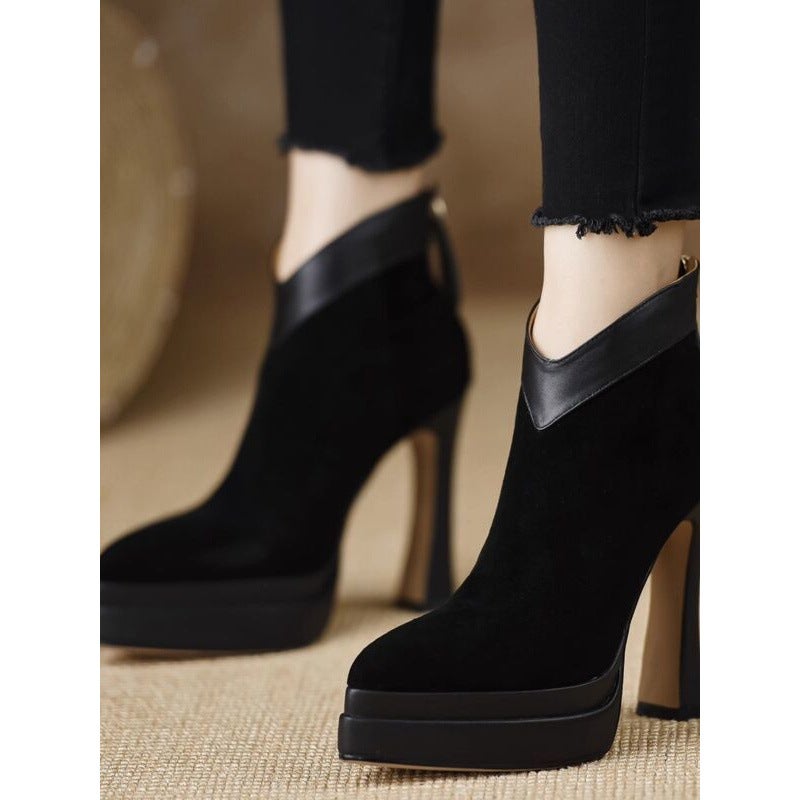 Pointed Comfortable Thin Heel High Heel Boots Waterproof Platform Back Zipper Black Fashion Boots For Women - Image 3