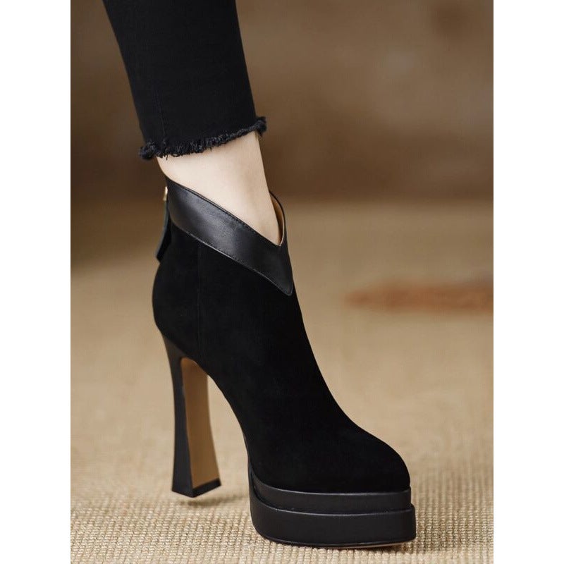 Pointed Comfortable Thin Heel High Heel Boots Waterproof Platform Back Zipper Black Fashion Boots For Women - Image 2