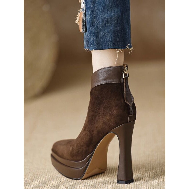 Pointed Comfortable Thin Heel High Heel Boots Waterproof Platform Back Zipper Black Fashion Boots For Women - Image 5