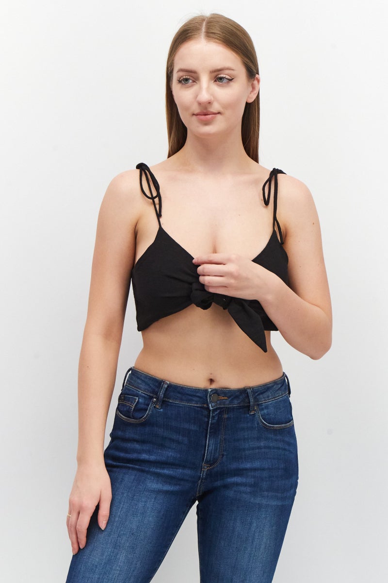 Asos Design Women Tie Neck Sleeveless Plain Crop Top, Black - Image 1