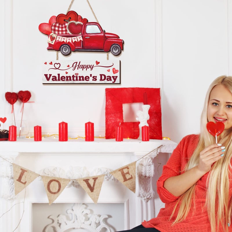 Marsui Happy Valentine's Day Decoration for Front Door Wooden Valentine Door Hanger Red Truck Heart Hanging Wreath Valentines Day Welcome Wood Sign for Home Porch Window Wall Decor - Image 5