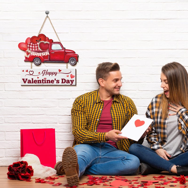 Marsui Happy Valentine's Day Decoration for Front Door Wooden Valentine Door Hanger Red Truck Heart Hanging Wreath Valentines Day Welcome Wood Sign for Home Porch Window Wall Decor - Image 4