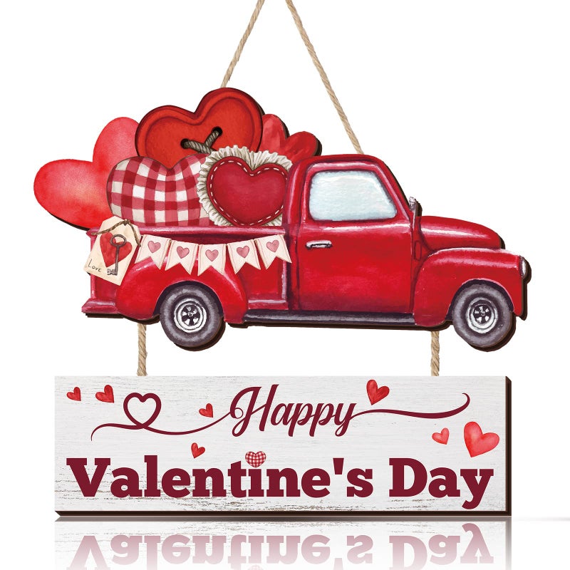 Marsui Happy Valentine's Day Decoration for Front Door Wooden Valentine Door Hanger Red Truck Heart Hanging Wreath Valentines Day Welcome Wood Sign for Home Porch Window Wall Decor - Image 1