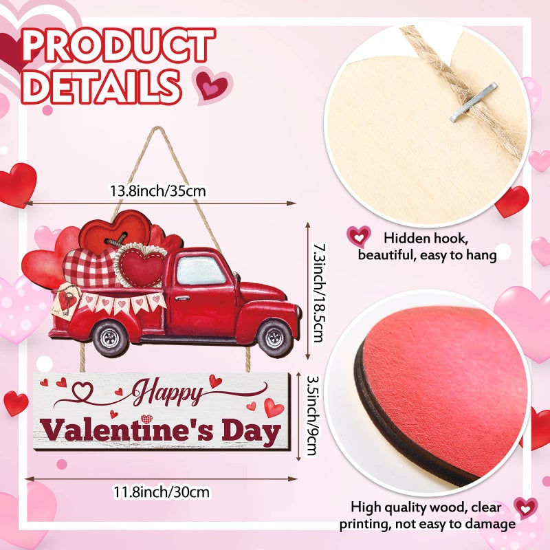 Marsui Happy Valentine's Day Decoration for Front Door Wooden Valentine Door Hanger Red Truck Heart Hanging Wreath Valentines Day Welcome Wood Sign for Home Porch Window Wall Decor - Image 3