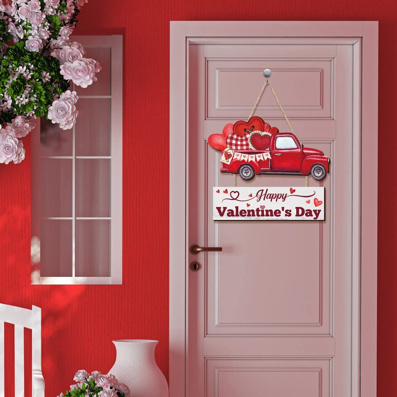 Marsui Happy Valentine's Day Decoration for Front Door Wooden Valentine Door Hanger Red Truck Heart Hanging Wreath Valentines Day Welcome Wood Sign for Home Porch Window Wall Decor - Image 2