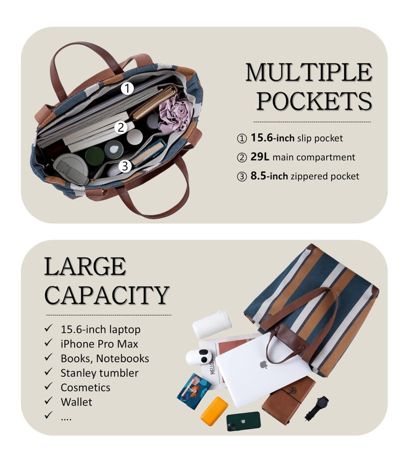 HFLZBRO Large Women's Work Tote Bag â€“ 15.6in Laptop Compartment,Canvas Shoulder Bag for Office & Daily Use,Tote Bag with Spacious Storage (BROWN, Extra Large) - Image 2