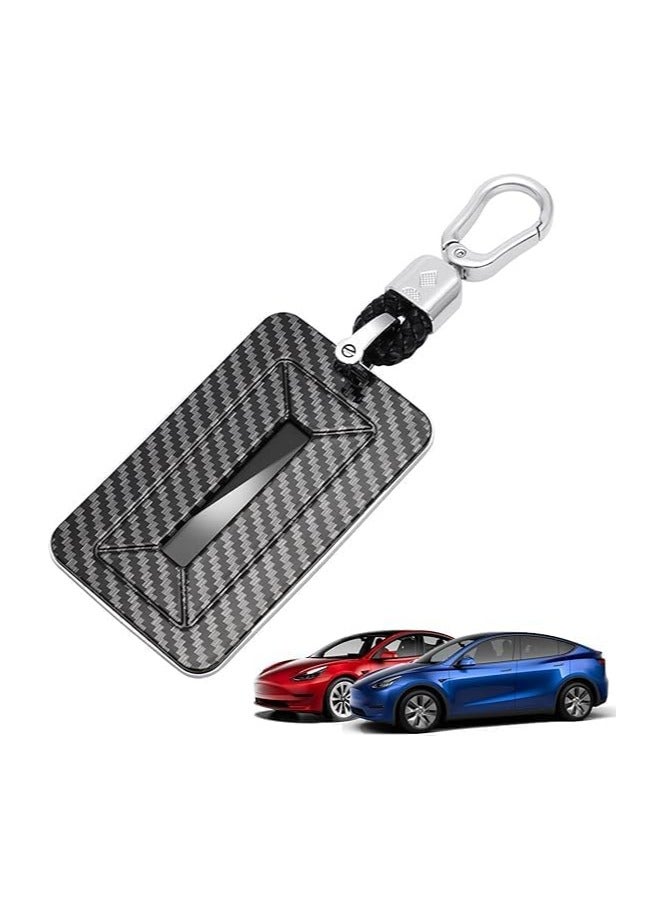 Generic Key Card Holder Case for Tesla Model 3 & Model Y (2017-2023) – Carbon Fiber Surface with Zinc Alloy Key Chain & Braided Nylon Rope – Key Protector Cover – Black - Image 1