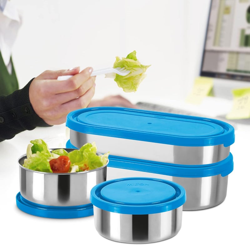 Milton Milton Triple Decker Lunch Box with Insulated Fabric Jacket, 4 Containers(2 Oval Stainless Steel 450ml & 675ml, 2 Stainless Steel 280ml each, Spoon & Fork), Leak-Proof Tiffin for Office, College, Blue  - Image 3