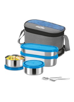 Milton Milton Triple Decker Lunch Box with Insulated Fabric Jacket, 4 Containers(2 Oval Stainless Steel 450ml & 675ml, 2 Stainless Steel 280ml each, Spoon & Fork), Leak-Proof Tiffin for Office, College, Blue  - Image 1