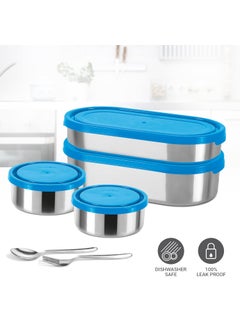 Milton Milton Triple Decker Lunch Box with Insulated Fabric Jacket, 4 Containers(2 Oval Stainless Steel 450ml & 675ml, 2 Stainless Steel 280ml each, Spoon & Fork), Leak-Proof Tiffin for Office, College, Blue  - Image 5