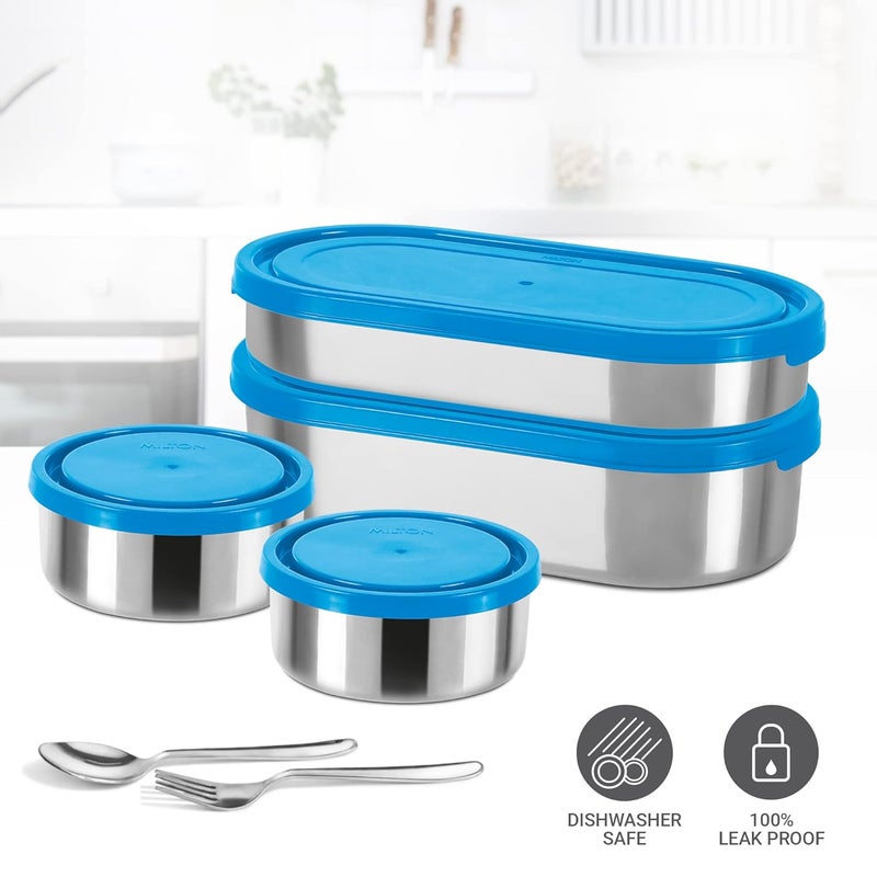 Milton Milton Triple Decker Lunch Box with Insulated Fabric Jacket, 4 Containers(2 Oval Stainless Steel 450ml & 675ml, 2 Stainless Steel 280ml each, Spoon & Fork), Leak-Proof Tiffin for Office, College, Blue  - Image 5