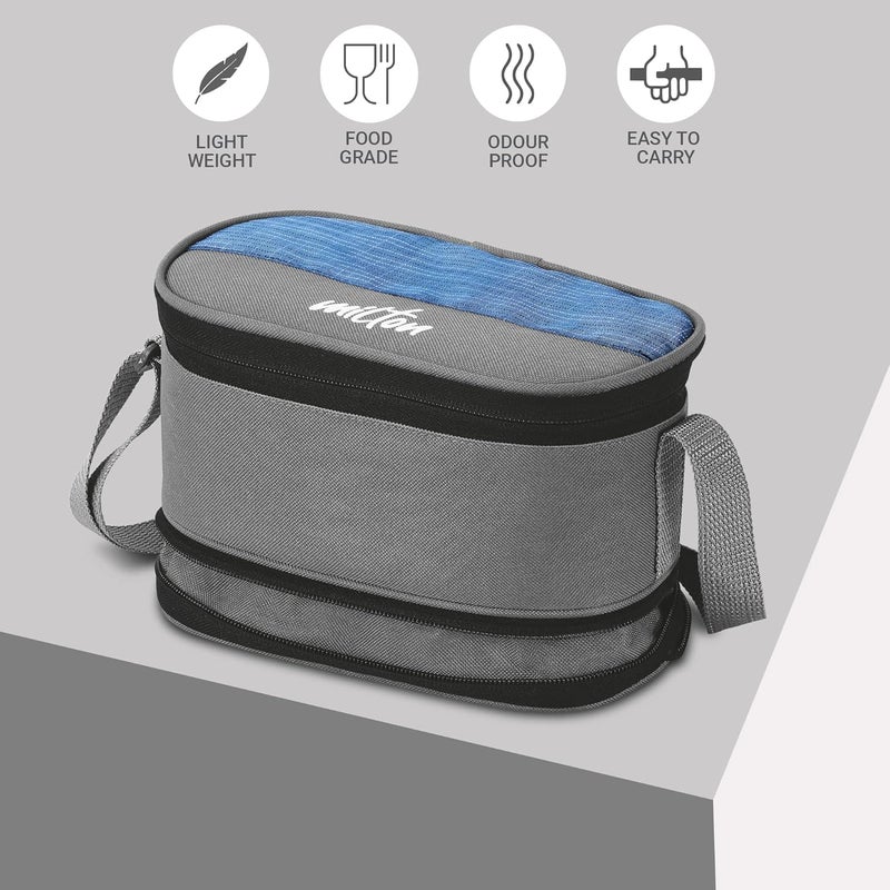 Milton Milton Triple Decker Lunch Box with Insulated Fabric Jacket, 4 Containers(2 Oval Stainless Steel 450ml & 675ml, 2 Stainless Steel 280ml each, Spoon & Fork), Leak-Proof Tiffin for Office, College, Blue  - Image 2