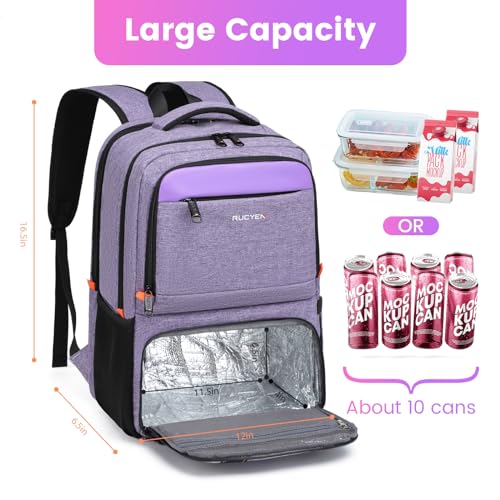 RUCYEN Lunch Backpack, Insulated Cooler Backpack Lunch Box for Women, 15.6 Inch RFID Blocking Laptop Backpack with USB Port, for Work Travel Picnics Hiking Purple - Image 3