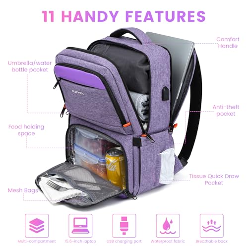 RUCYEN Lunch Backpack, Insulated Cooler Backpack Lunch Box for Women, 15.6 Inch RFID Blocking Laptop Backpack with USB Port, for Work Travel Picnics Hiking Purple - Image 2