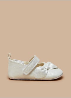 Girl's Textured Bow Applique Ballerina Booties With Hook And Loop Closure