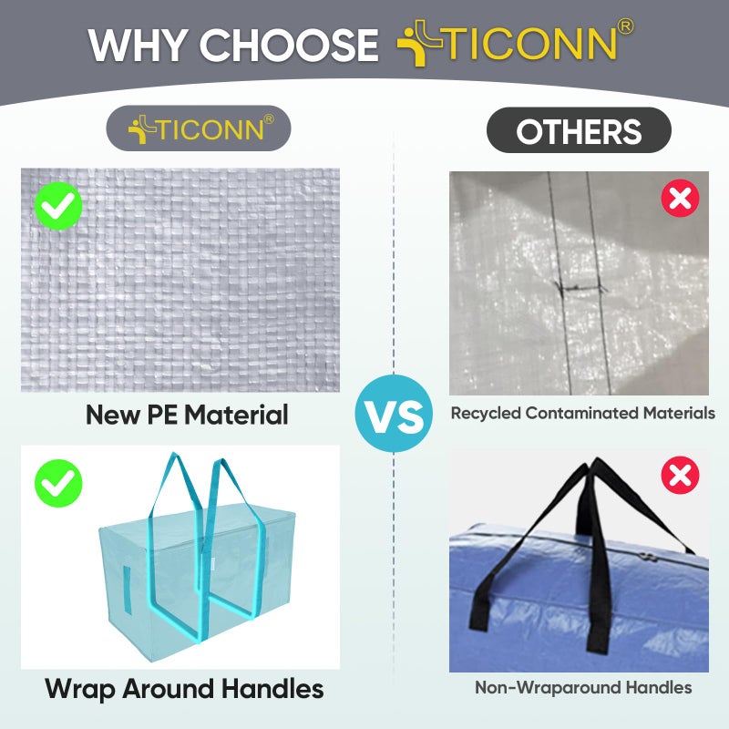 TICONN 4 Pack Extra Large Moving Bags Heavy Duty with Zippers & Carrying Handles, Durable Storage Bags Moving Boxes for Closet Organizers and Storage (4 Pack, Aqua) - Image 4