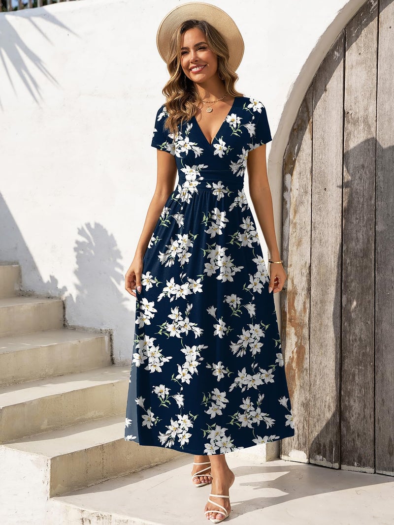 Gracyoga Summer Fall Dresses for Women 2025 Maxi Casual Flowy Vintage Wrap Dress Navy Floral Print Vacation Short Sleeve Sundresses V Neck Travel Outfits S - Image 3