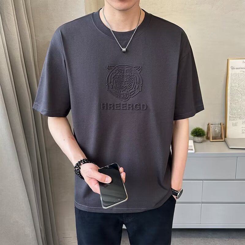 100 Pure Cotton Short Sleeve Men'S Five-Point T-Shirt Loose Round Neck Shoulder Sleeve Fashionable Casual T-Shirt Fashionable Brand Steel Printed Short Sleeve - Image 2