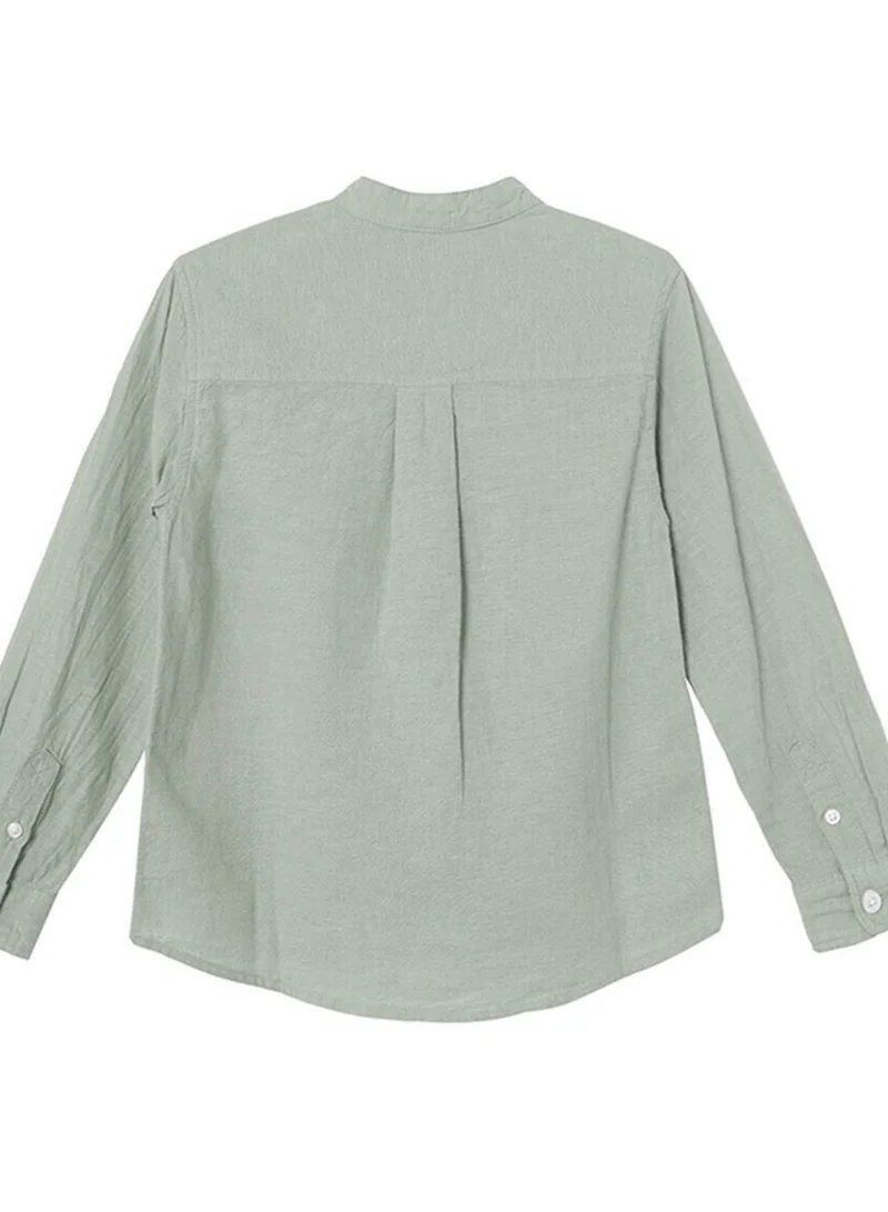 جيوردانو قميص أطفال بياقة ماندرين من الكتان والقطن بأكمام طويلة وغسيل مصبوغ