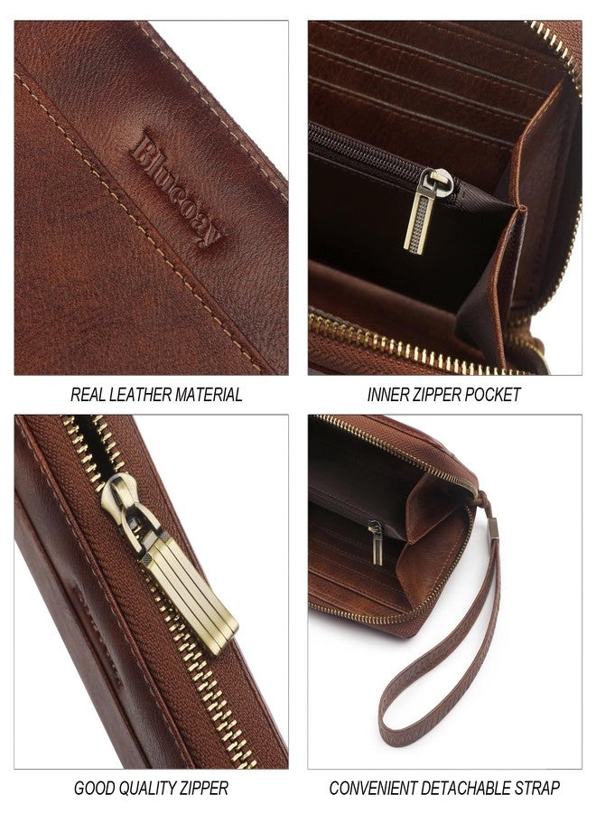 Blucoay Leather Wallet Women Wristlet RFID Blocking Large Capacity Long Wallet For Women Card Holder With Zip Coin Pocket(darkbrown) - Image 3