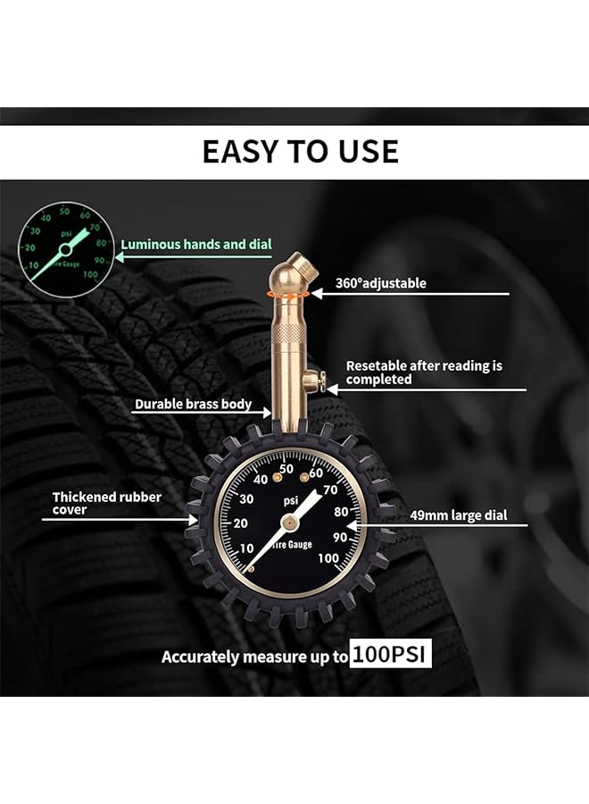 Excefore Heavy Duty Tire Pressure Gauge (0-100 Psi) - Accurate, Large 2 Inch Dial For Easy Reading, Versatile Low-High Air Gauge For Rv, Camper, Bicycles, Motorcycles, Cars, Trucks - Image 2
