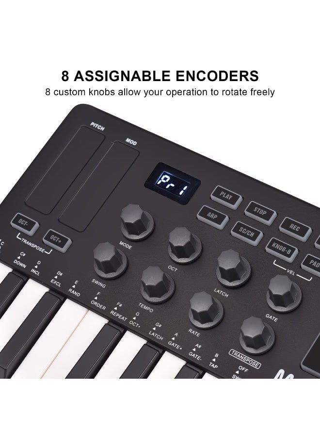 M-VAVE 25 Keys MIDI Keyboard Controller M-VAVE SMK-25, USB & Bluetooth Wireless MIDI Pad Controller with 16 RGB Backlit Beat Pads, Capacitive Pitch Mod Touch Bar, 8 Assignable Knobs Arpeggio Function Portable Mini MIDI Controller for DAW Music Production - Image 4