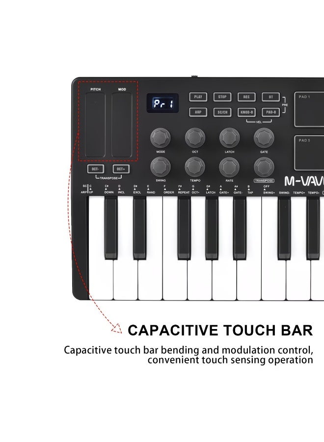 M-VAVE 25 Keys MIDI Keyboard Controller M-VAVE SMK-25, USB & Bluetooth Wireless MIDI Pad Controller with 16 RGB Backlit Beat Pads, Capacitive Pitch Mod Touch Bar, 8 Assignable Knobs Arpeggio Function Portable Mini MIDI Controller for DAW Music Production - Image 3