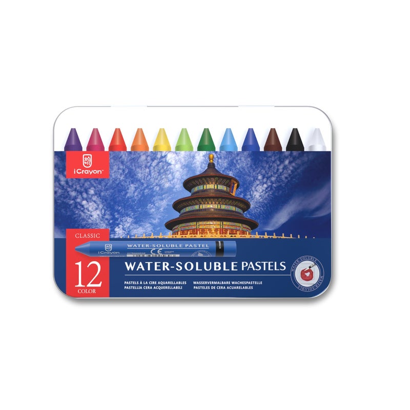 iCrayon 12 Colors Water Soluble Pastels, Watercolor Pastels Set for Beginners and Hobbyists, Includes Sharpener, Palette & Brush for Vibrant Art Creations (Classic) - Image 1