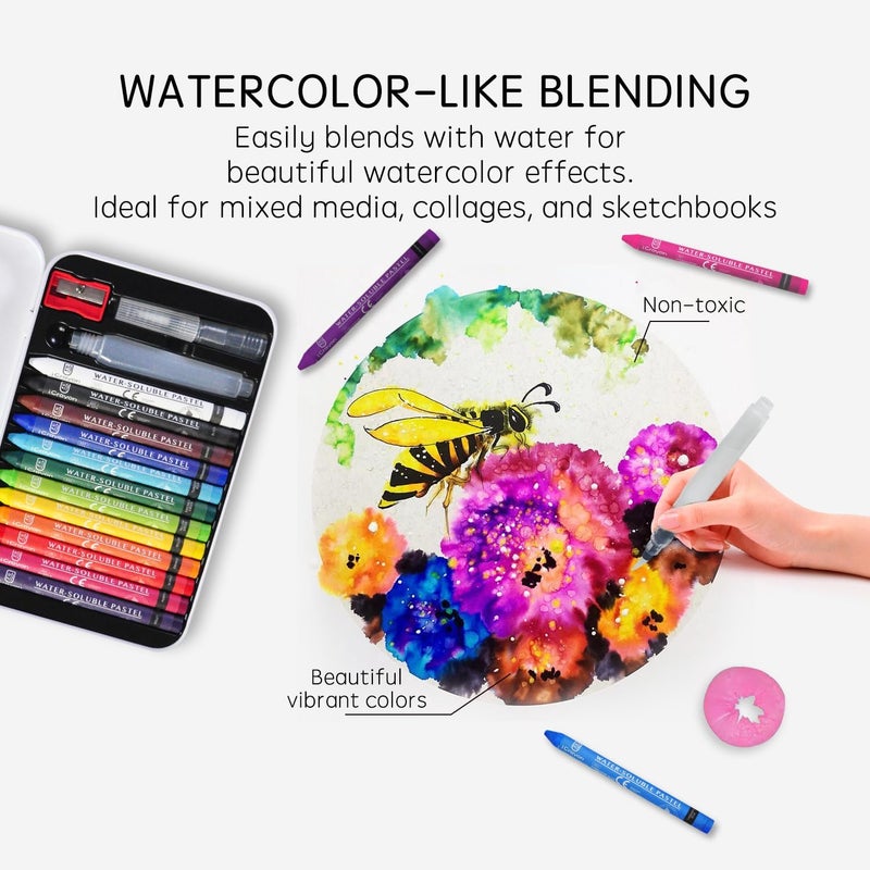 iCrayon 12 Colors Water Soluble Pastels, Watercolor Pastels Set for Beginners and Hobbyists, Includes Sharpener, Palette & Brush for Vibrant Art Creations (Classic) - Image 3