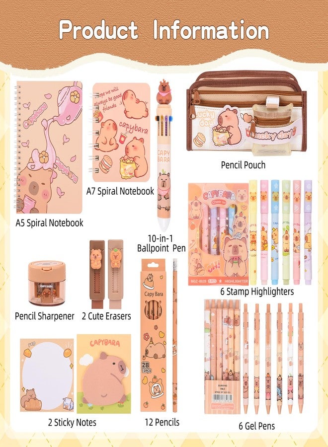Ulema Cute Capybara Stationery Set,Capybara School Supplies,Capybara Pencil Case with Compartments BallPoint Pen, Gel Pens, Pencils, Erasers, Pencil Sharpener, Notebooks, Sticky Notes, - Image 2