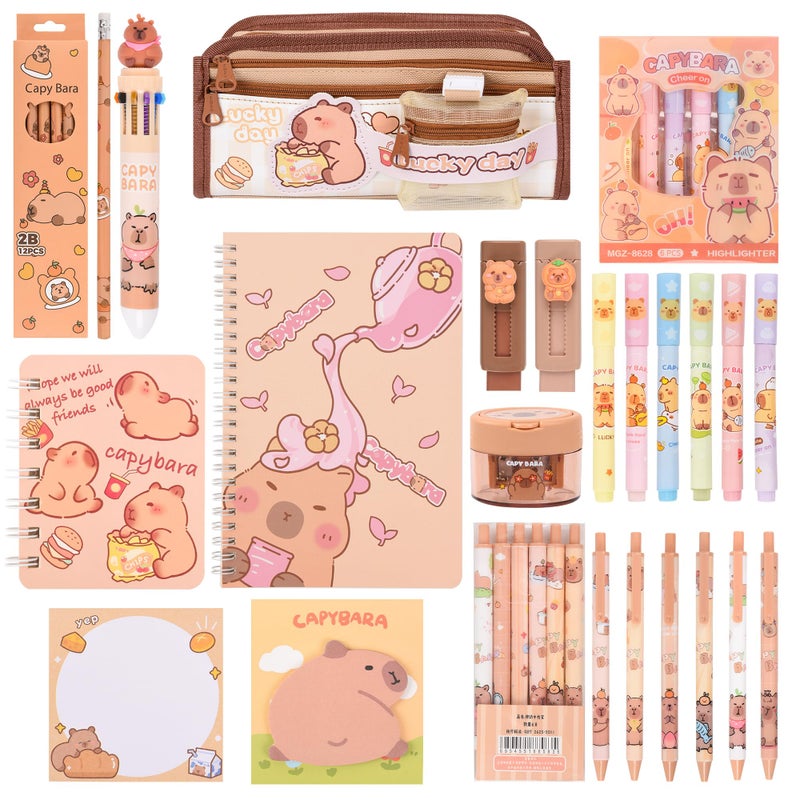 Ulema Cute Capybara Stationery Set,Capybara School Supplies,Capybara Pencil Case with Compartments BallPoint Pen, Gel Pens, Pencils, Erasers, Pencil Sharpener, Notebooks, Sticky Notes, - Image 1
