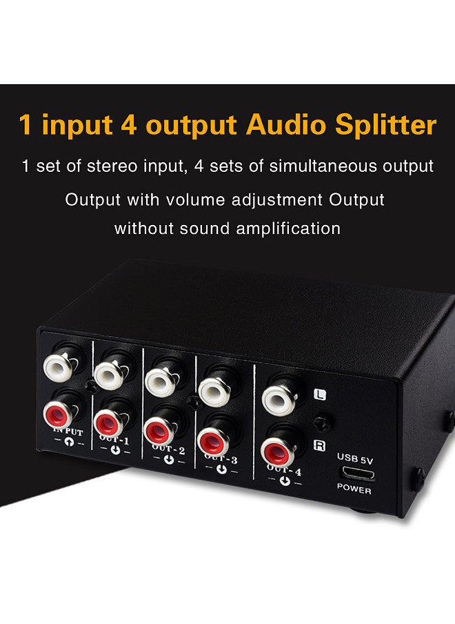 LYNEPAUAIO - B063 1 In 4 Out Audio Signal Distributor Stereo Source Splitter Lossless Output Usb 5V Powered Rca Interface - Image 1