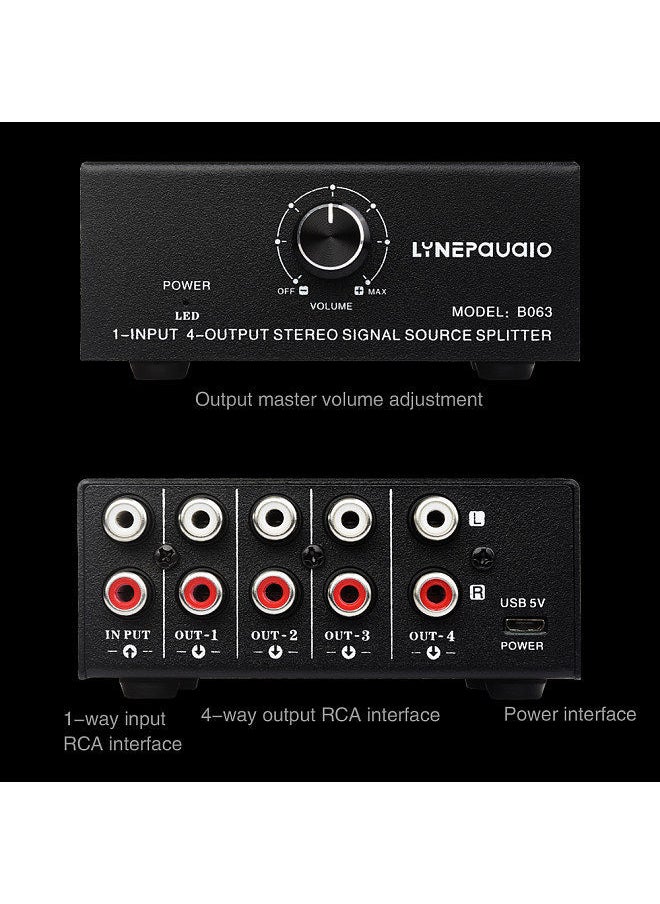 LYNEPAUAIO - B063 1 In 4 Out Audio Signal Distributor Stereo Source Splitter Lossless Output Usb 5V Powered Rca Interface - Image 1