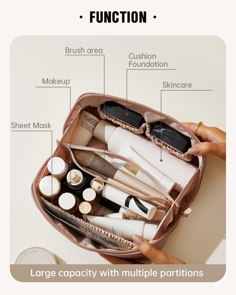 EACHY Travel Makeup Bag,Large Capacity Cosmetic Bags for Women,Waterproof Portable Pouch Open Flat Toiletry Bag Make up Organizer with Divider and Handle, Gifts for Women (Pink, Medium) - Image 2