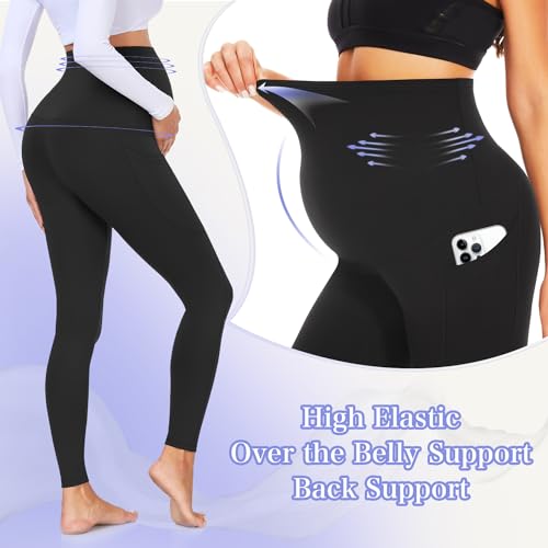 GROTEEN 3 Pack Women's Maternity Leggings with Pockets Over The Belly Workout Yoga Pregnancy Pants - Image 2