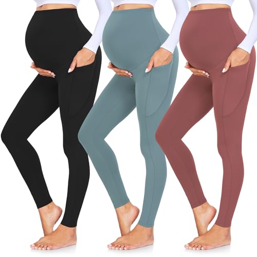 GROTEEN 3 Pack Women's Maternity Leggings with Pockets Over The Belly Workout Yoga Pregnancy Pants - Image 1