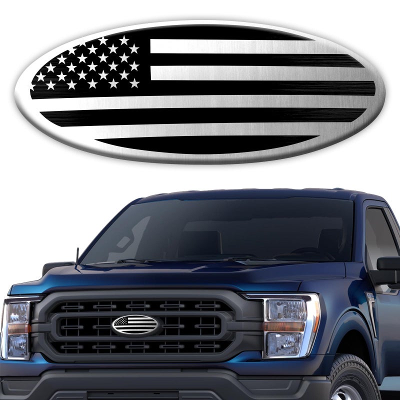 Hirificing Tailgate Emblem for Ford F150 F250 F350 Silver American Flag 9 Inch Front Grill Emblem for Ford Emblem Aluminum Oval Overlay Front Grill Rear Tailgate American Flag Decal BadgeSilver - Image 3