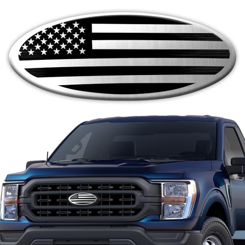 Hirificing Tailgate Emblem for Ford F150 F250 F350 Silver American Flag 9 Inch Front Grill Emblem for Ford Emblem Aluminum Oval Overlay Front Grill Rear Tailgate American Flag Decal BadgeSilver - Image 1