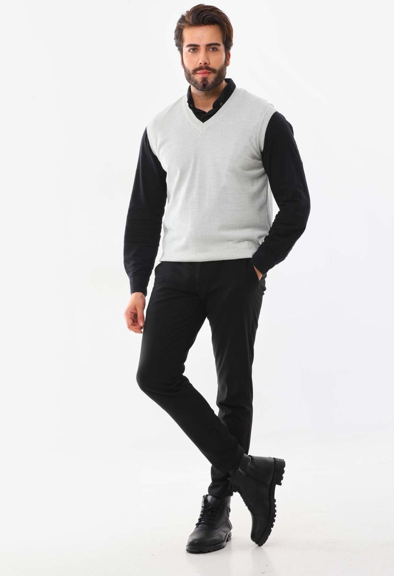 Günay Gunay Men's V Neck Wool Sweater 1000 Light Gray  - Image 2